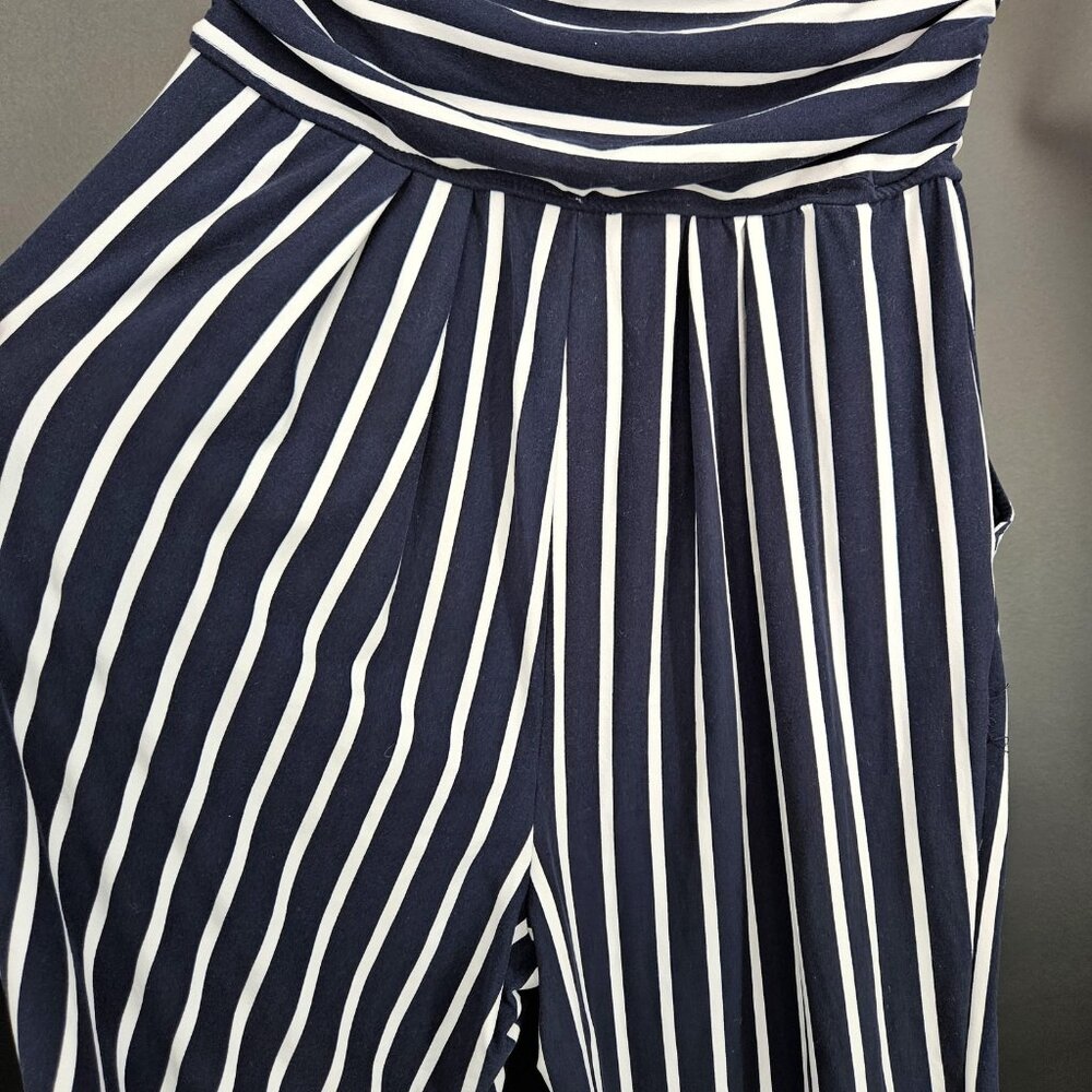 Jumpsuit Junior Large Navy White Stripe Strapless Capri Pockets Nautical Coastal - Picture 12 of 16